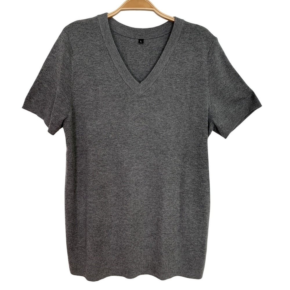Gray Heavy Knit Short Sleeve Career Sweater L Capsule Wardrobe V-Neck Layering